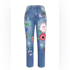 MISSLOOK SZ 5XL (US 16 equivalent) Painted Floral Straight Leg High Rise Jeans